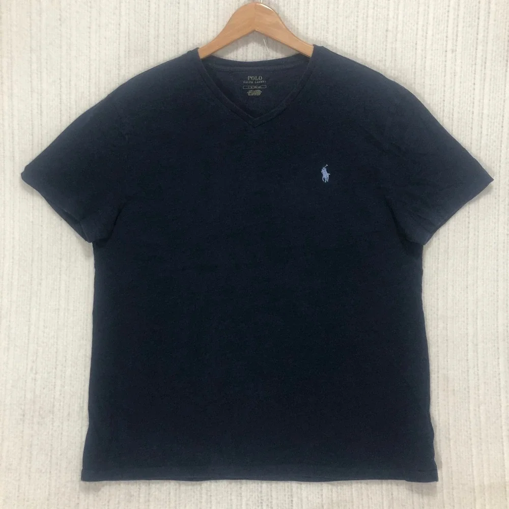 Polo Ralph Lauren Mens V-Neck T-Shirt Navy Blue Heathered Pony Logo Large L